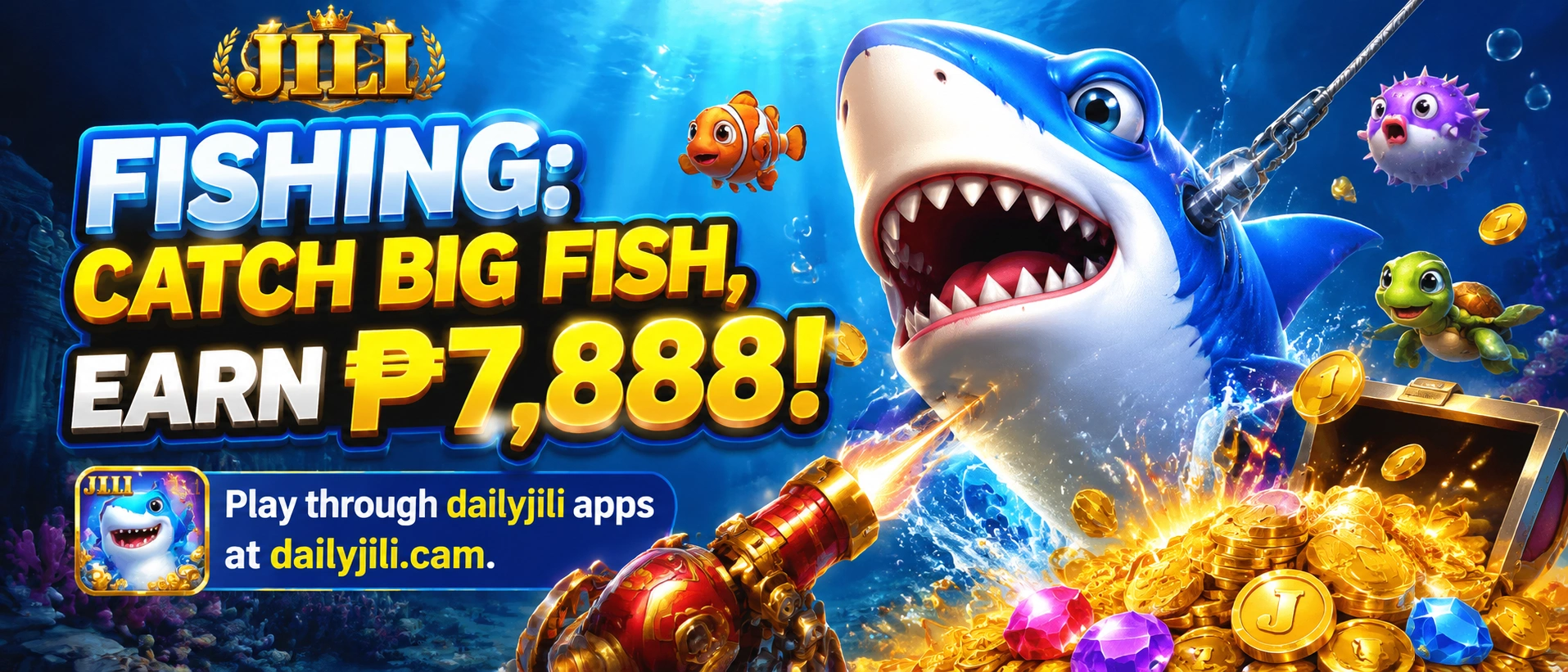 Fishing cannon screen showing target fish, bullets, and sea effects