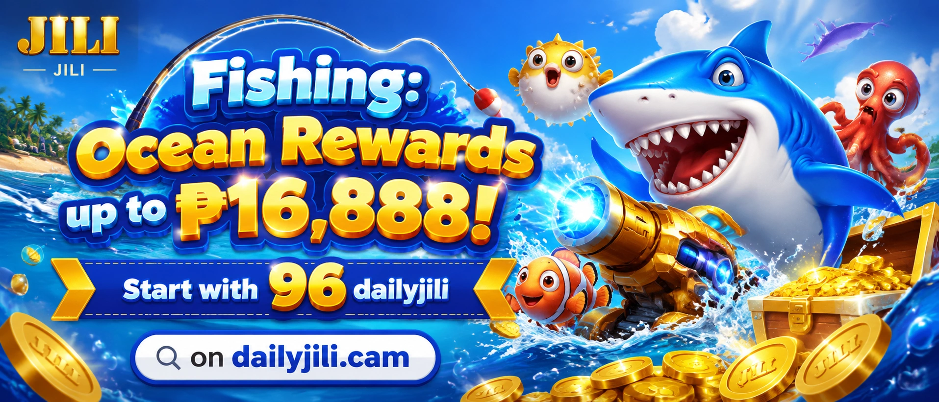 Ocean-themed fishing lobby with coin icons and boss fish effects