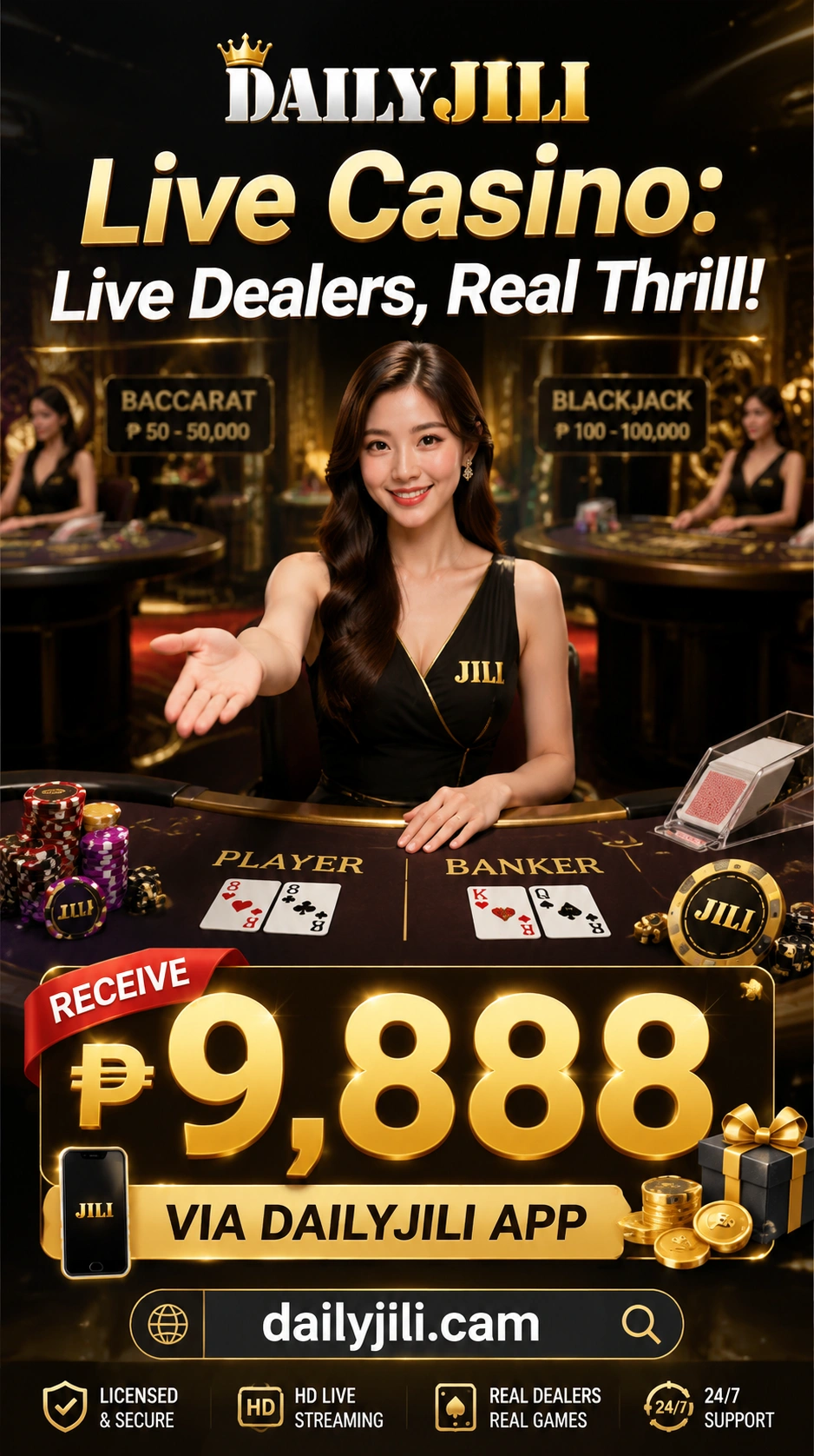 Live baccarat table with dealer and betting layout